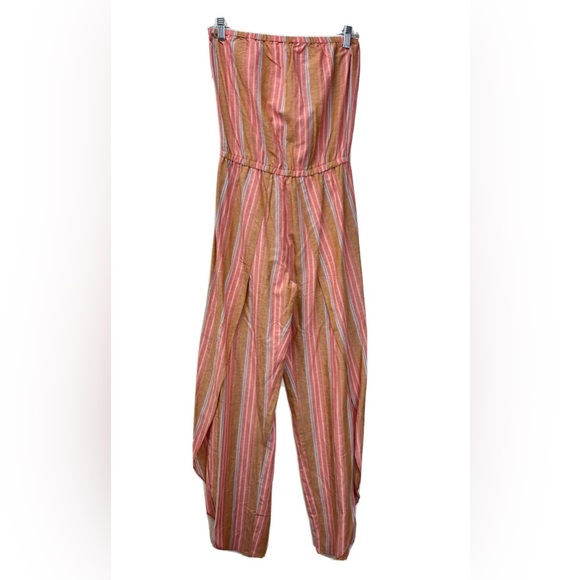 Anthropologie Drew Linen Strapless Jumpsuit Rainbow Stripe Split - Picture 6 of 6